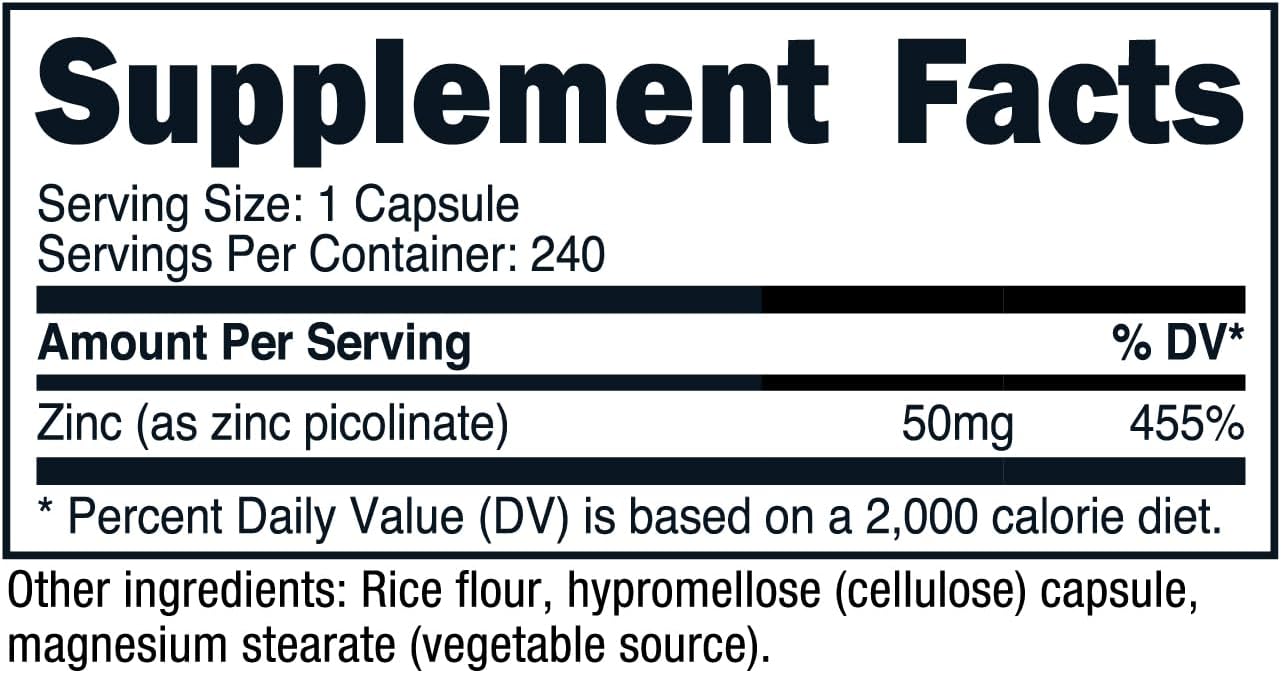 Zinc Picolinate 50Mg, 240 Vegetarian Capsules - Gluten Free and Non-Gmo (240 Caps)