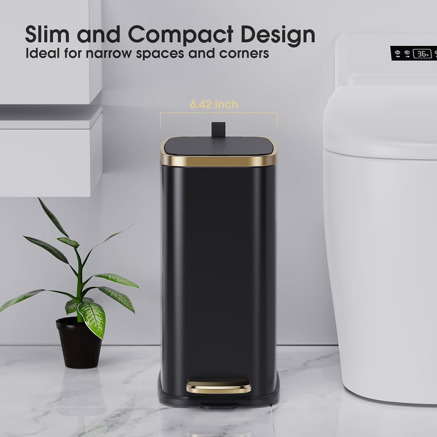 Small Bathroom Trash Can with Lid Soft Close-5L/1.3 Gal Slim Garbage Can-Metal Step Wastebasket-Rectangle Narrow Waste Bin for Office, Bedroom, Toilet, Live Room-Black