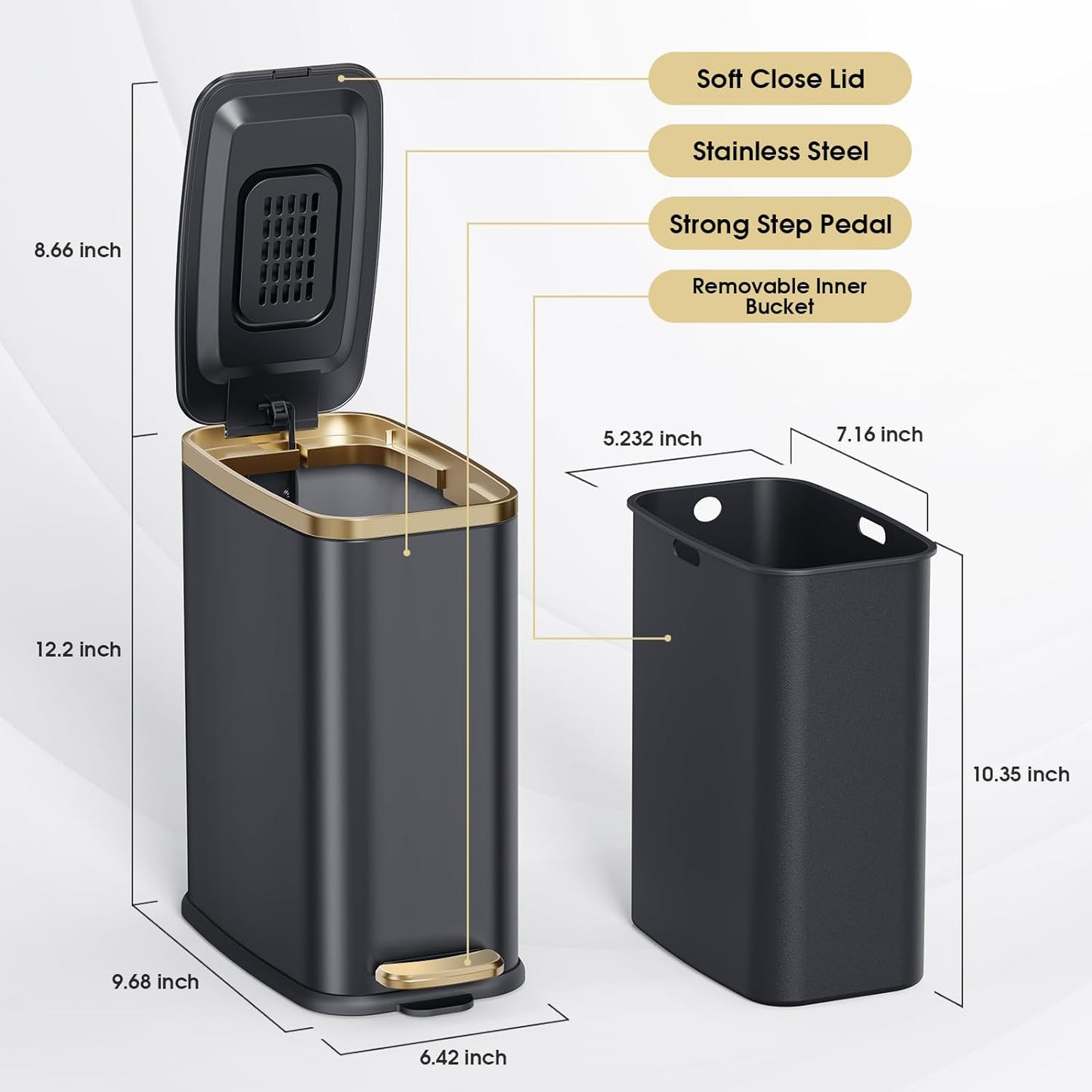 Small Bathroom Trash Can with Lid Soft Close-5L/1.3 Gal Slim Garbage Can-Metal Step Wastebasket-Rectangle Narrow Waste Bin for Office, Bedroom, Toilet, Live Room-Black