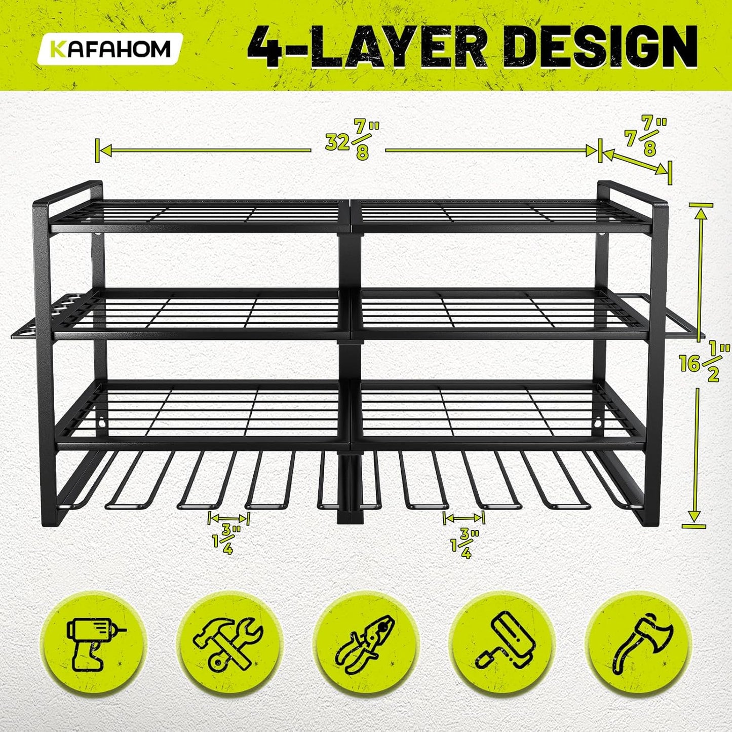 Power Tool Organizer-8 Drill Holder Wall Mount,4 Layer Heavy Duty Metal Power Tool Storage Rack,Garage Tool Organizer and Storage with Screwdriver Holder/Plier Holder/Hammer Holder