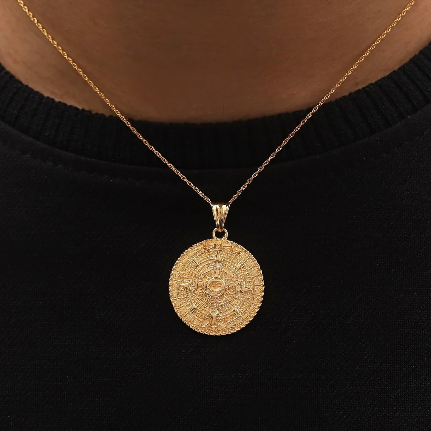 Aztec Mayan Sun Calendar Pendant Charm Necklace for Men & Women 14K Gold over Sterling Silver, Medallion Pendant Necklace with 18-Inch Rope Chain