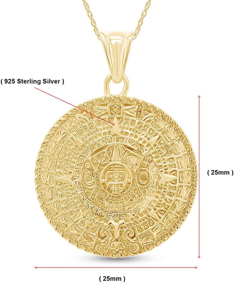 Aztec Mayan Sun Calendar Pendant Charm Necklace for Men & Women 14K Gold over Sterling Silver, Medallion Pendant Necklace with 18-Inch Rope Chain
