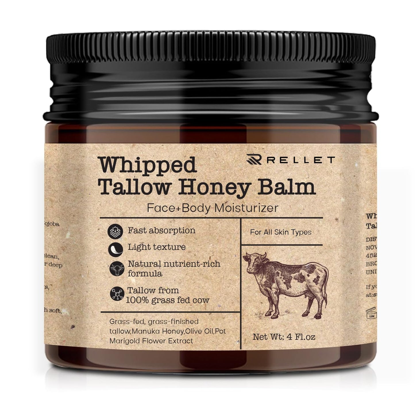 Beef Tallow and Honey Balm for Skin : Grass Fed Whipped Beef Tallow with Honey Face Body Moisturizer 4Oz - Organic Unscented Fast Absorption Tallow Cream Infused with Manuka Honey Beeswax Olive Oil