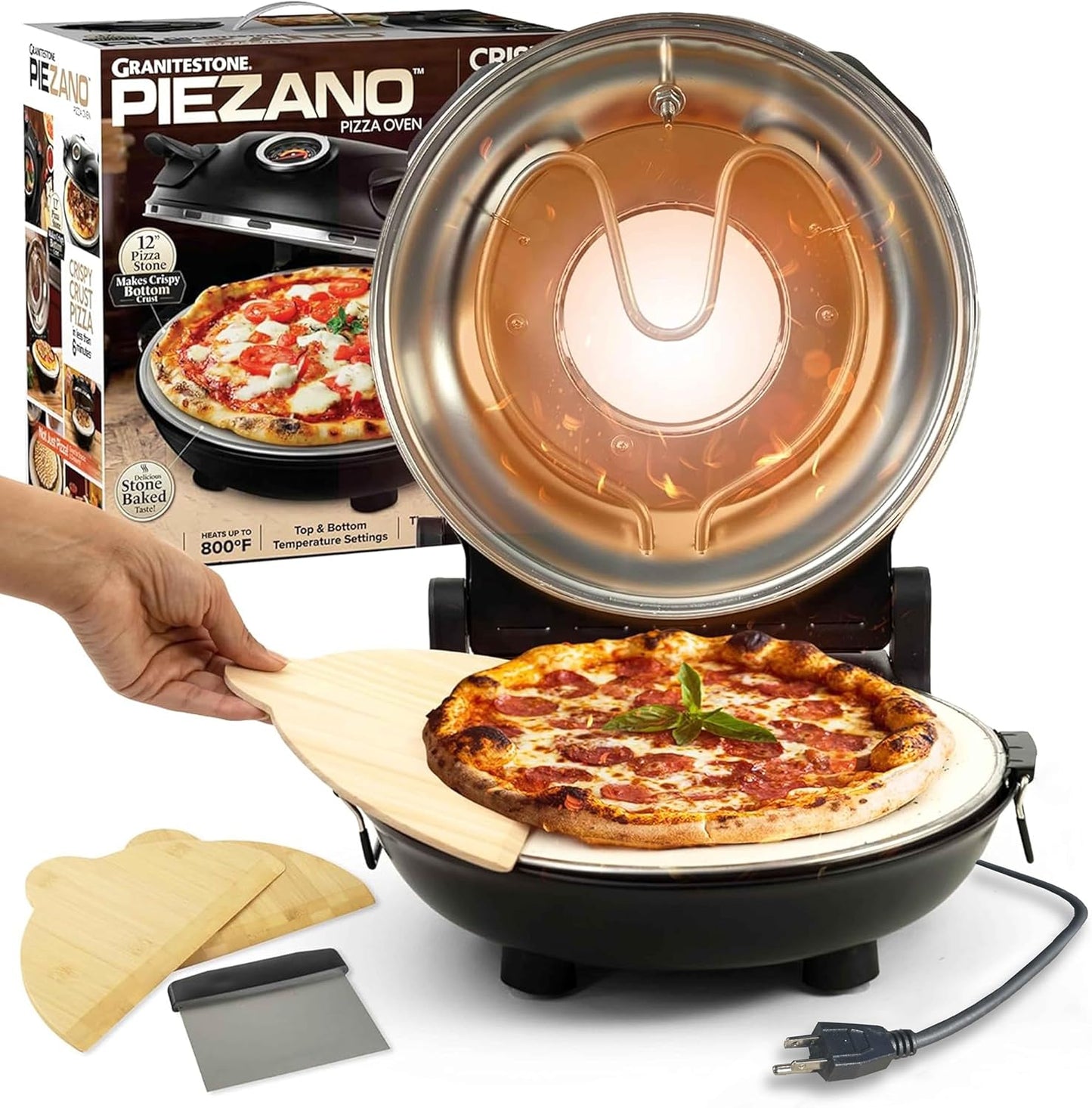 PIEZANO Crispy Crust Pizza Oven by – Electric Pizza Oven Indoor Portable, 12 Inch Indoor Pizza Oven Countertop, Pizza Maker Heats up to 800˚F for Stone Baked Pizza at Home as Seen on TV
