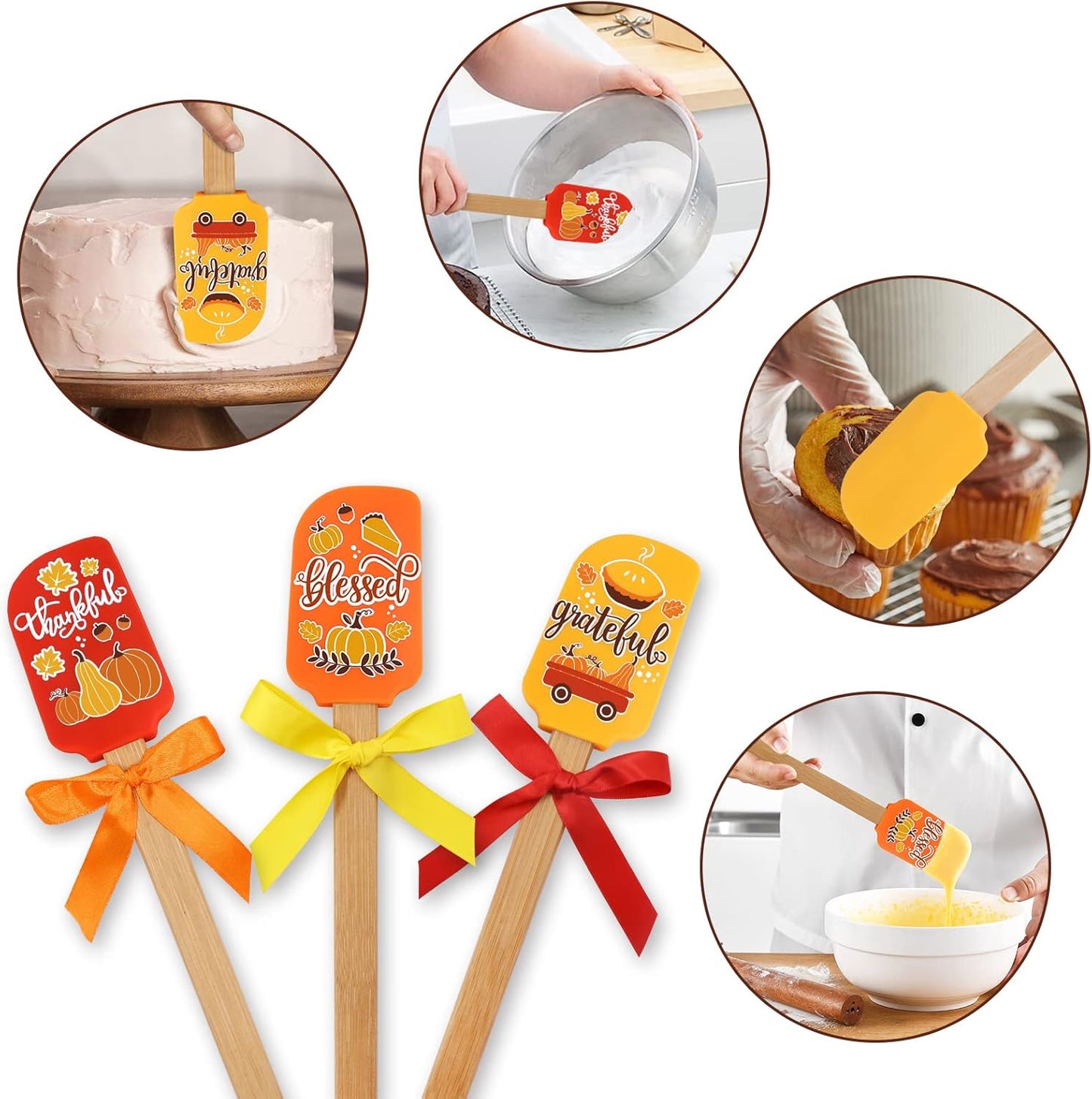 Thanksgiving Silicone Spatula Set of 3 Gift Home Kitchen Utensil Decor Baking Food Grade Cookware Cooker Heat Resistant Present for Mom Mixing Housewarming Birthday Fun Wooden Handle and Ribbon Bows
