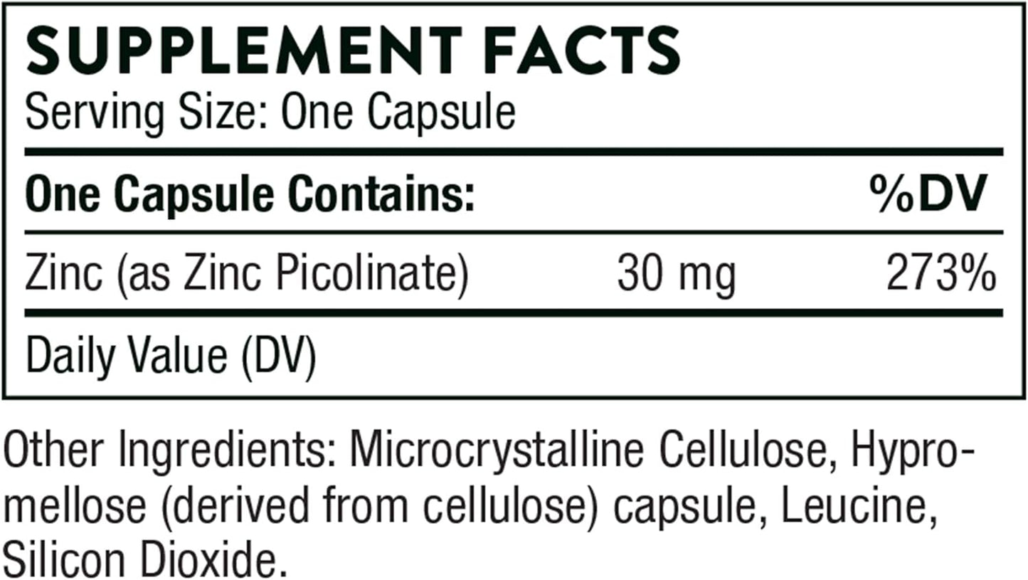 Zinc Picolinate 30 Mg - Well-Absorbed Zinc Supplement for Growth and Immune Function - 180 Capsules