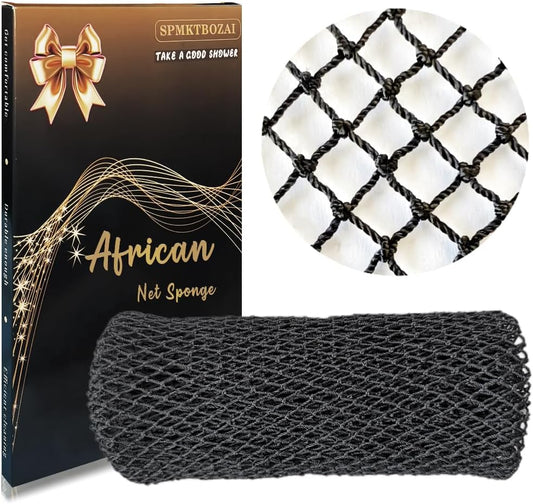 African Net Sponge Authentic, African Exfoliating Sponge Real African Net Black Owned, African Bath Sponge Back Scrubber, Body Exfoliator Shower Bath Accessories (Black)
