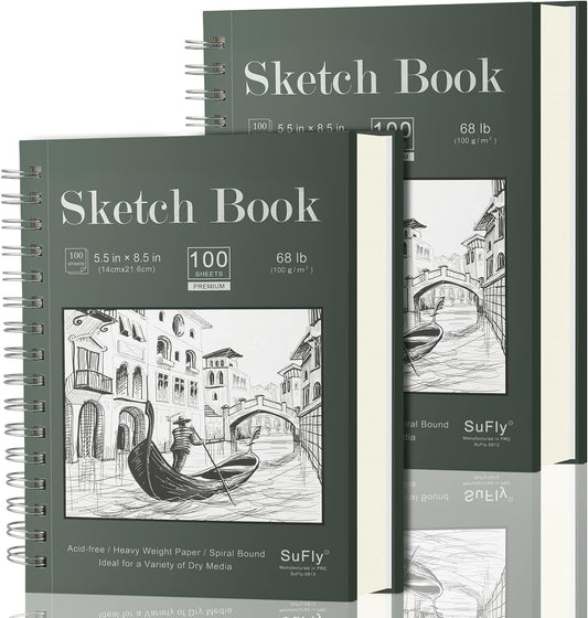 Sketch Book 5.5 X 8.5 - Spiral Sketchbook Pack of 2,  200 Sheets (68 Lb/100Gsm) Acid Free Sketch Pads for Drawing for Adults Spiral-Bound with Hard Cover for Kids, 100 Sheets Each