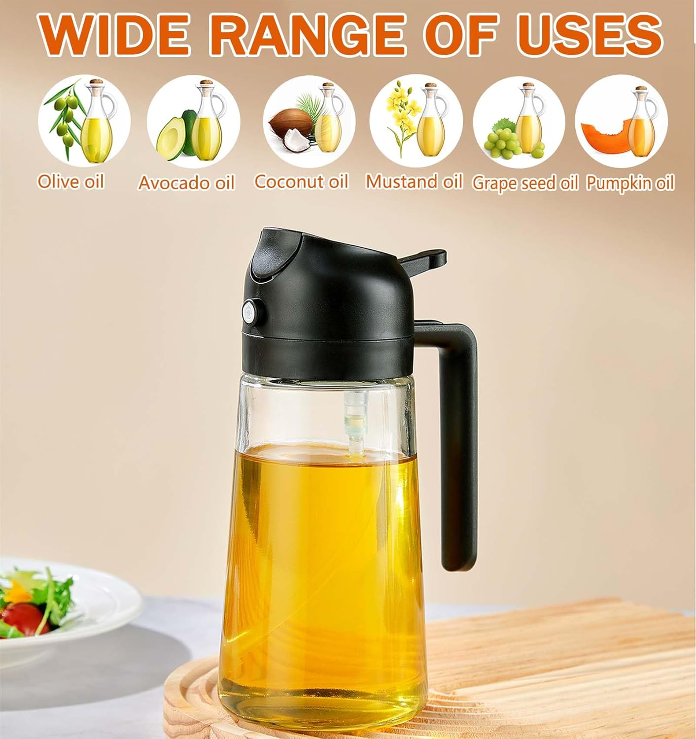 16Oz Oil Sprayer for Cooking - 2 in 1 Spray & Pour Olive Oil Dispenser - 470Ml Glass Spray Oil Bottle - Kitchen Gadgets