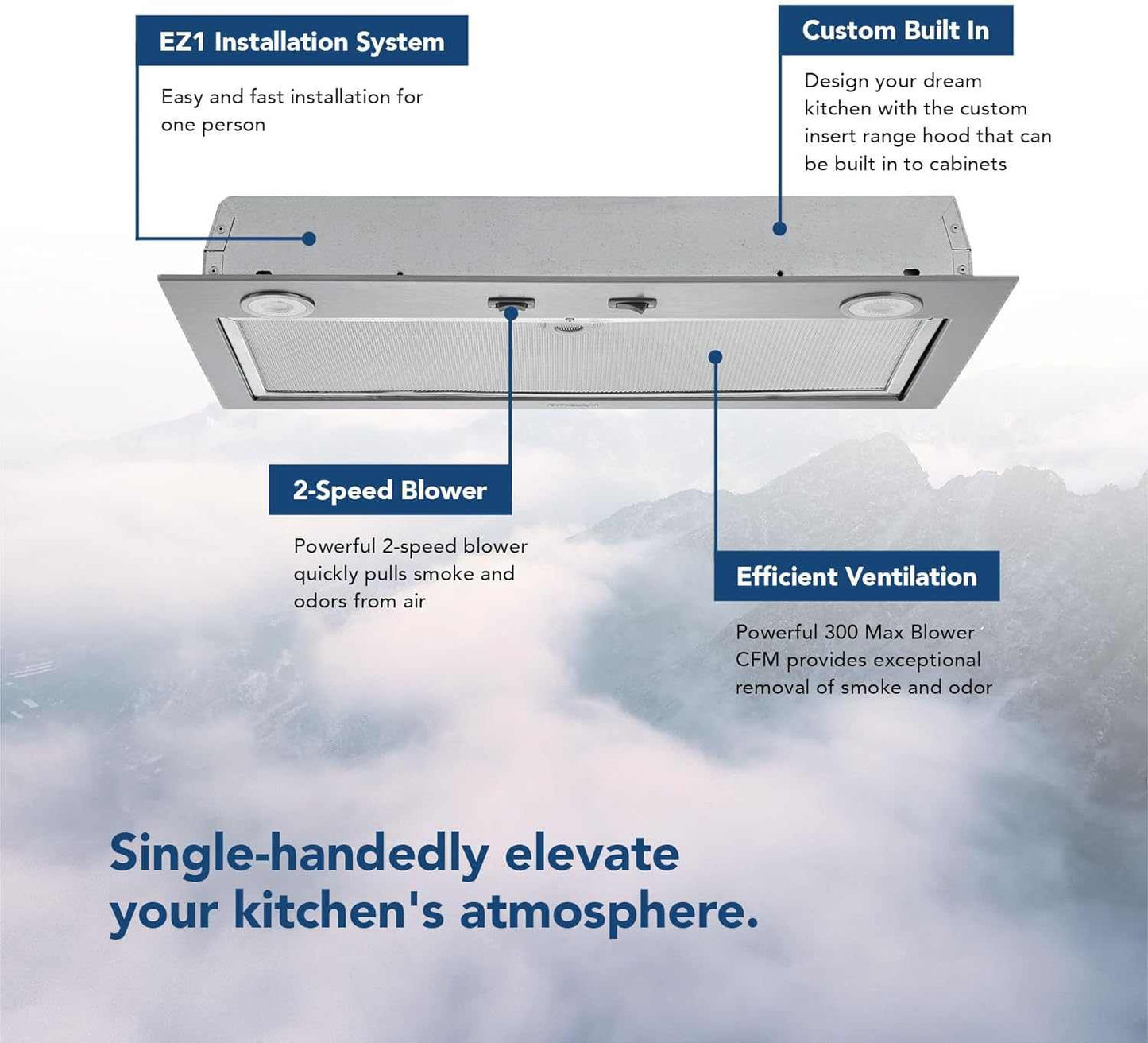 PM300SS Custom Power Pack Range Hood Insert with 2-Speed Exhaust Fan and Light, 300 Max Blower CFM, Stainless Steel, 21-Inch Built