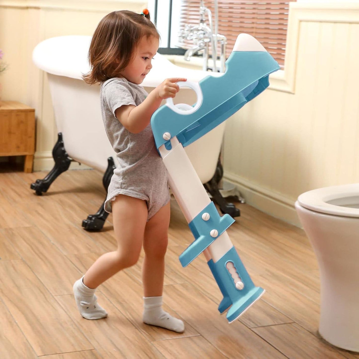 Potty Training Toilet Seat with Step Stool Ladder for Boys and Girls,Toddler Kid Children Toilet Training Seat Chair with Handles,Height Adjustable,Non-Slip Wide Step(Blue)