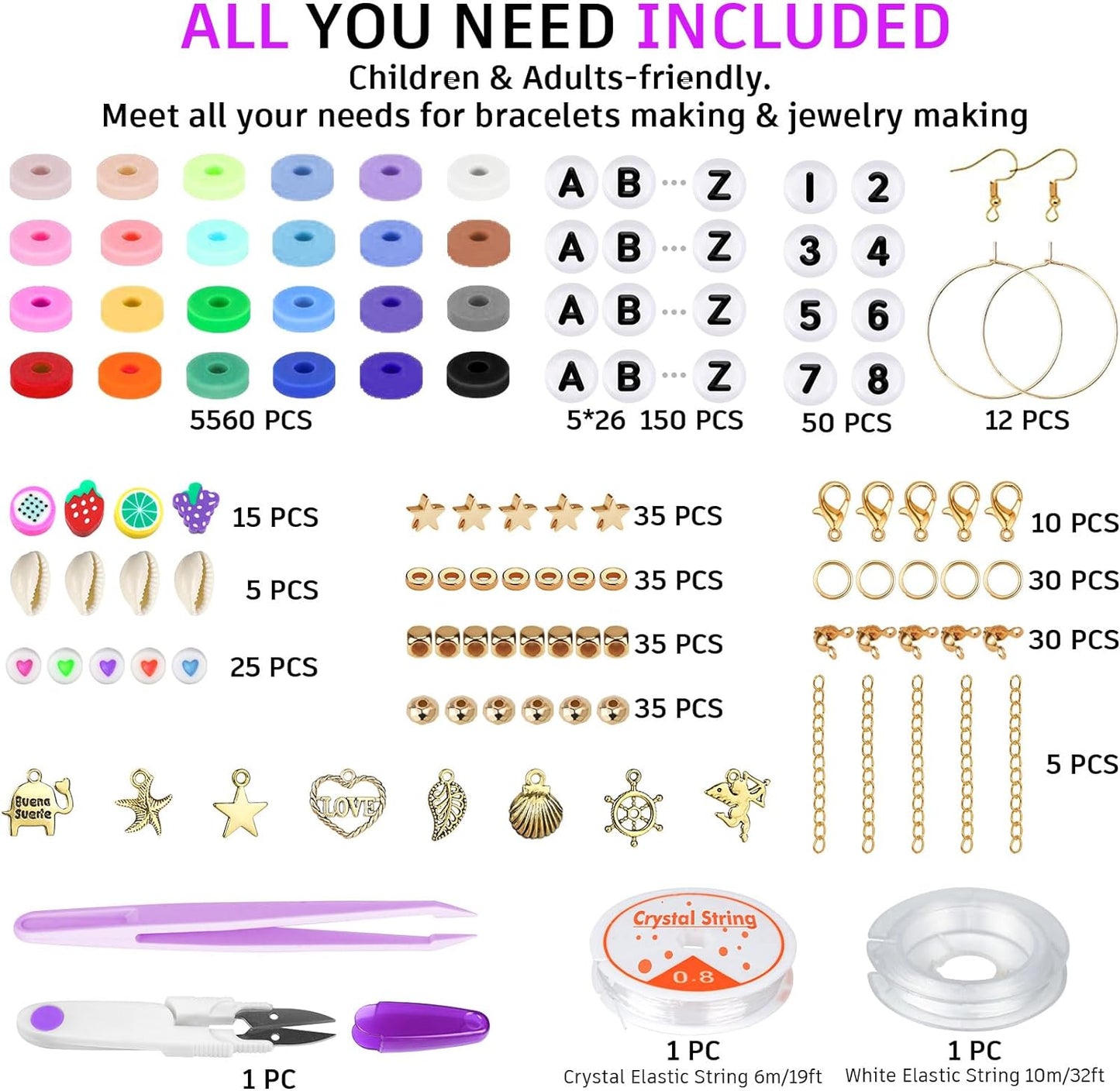 6000 Clay Beads Bracelet Making Kit, 24 Colors Flat Preppy Beads for Friendship Bracelets, Polymer Clay Beads with Charms for Jewelry Making, Crafts Gifts for Girls Ages 6-12