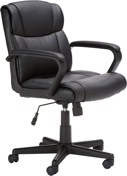 Office Computer Task Desk Chair with Padded Armrests, Mid-Back, Adjustable, 360 Swivel, Rolling, 275 Pound Capacity, BIFMA Certified, 24.2"D X 24"W X 34.8"H, Black Faux Leather