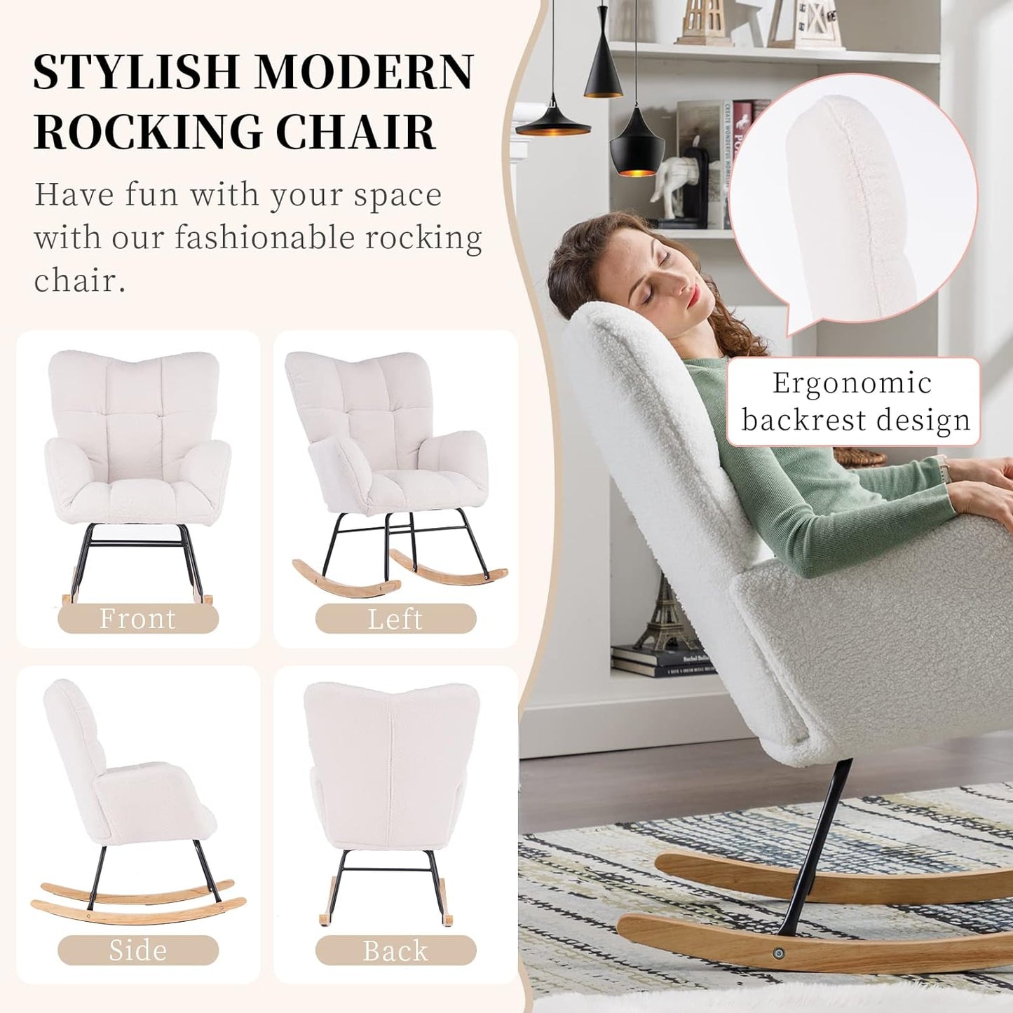Nursery Rocking Chair Teddy Upholstered Glider Rocker Rocking Accent Chair Padded Seat with High Backrest Armchair Comfy Side Chair for Living Room Bedroom Offices (Ivory Teddy)