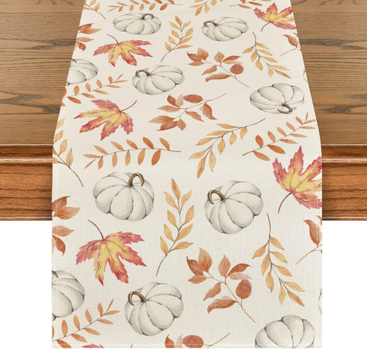 Orange Pumpkins Fall Maple Leaves Fall Table Runner, Seasonal Autumn Kitchen Dining Table Decoration for Home Party Decor 13X72 Inch