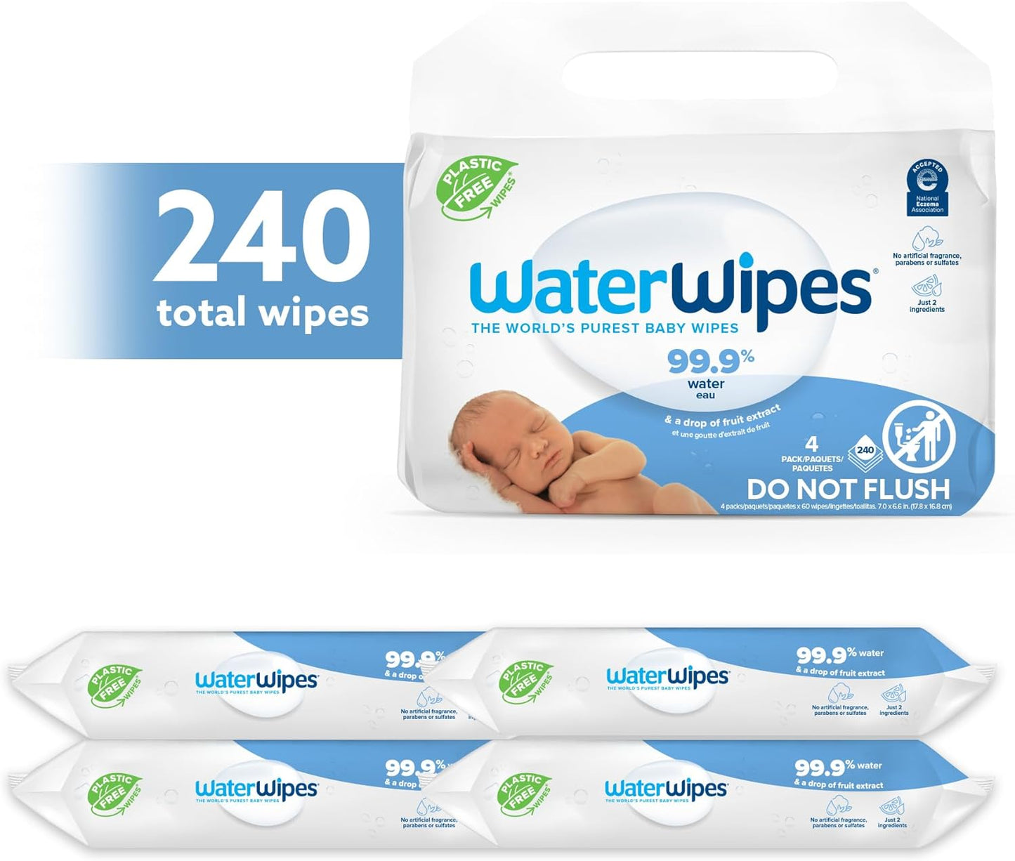 Plastic-Free Original-Baby Wipes, 99.9% Water Based Wipes, Unscented & Hypoallergenic for Sensitive Skin, 240 Count (4 Packs), Packaging May Vary