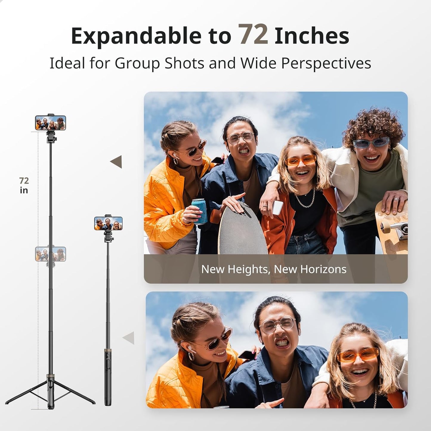 72"" Phone Tripod, Extendable Tripod for Iphone & Selfie Stick with Detachable Phone Holder & Wireless Remote, Iphone Tripod Compatible with All Cell Phones, Camera, Black