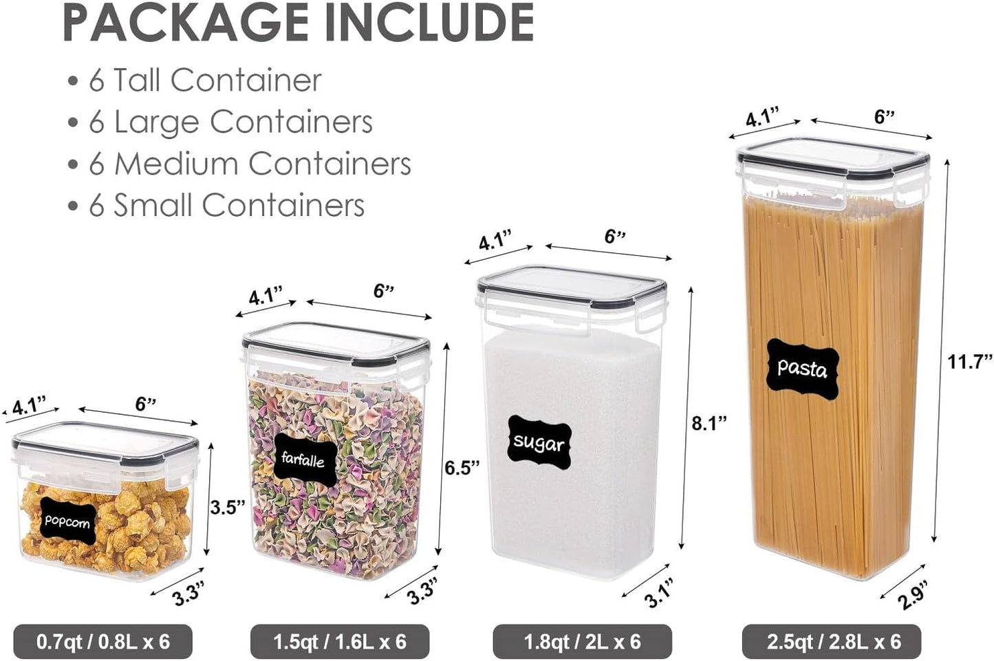 Airtight Food Storage Containers with Lids,  24 Pcs Plastic Kitchen and Pantry Organization Canisters for Cereal, Dry Food, Flour and Sugar, BPA Free, Includes 24 Labels,Black