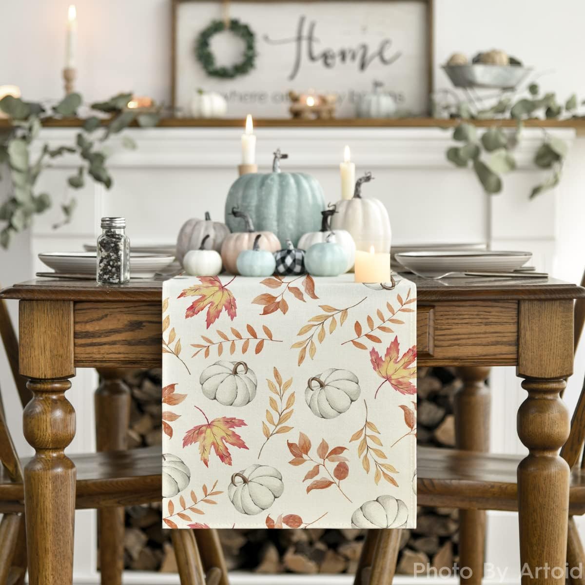 Orange Pumpkins Fall Maple Leaves Fall Table Runner, Seasonal Autumn Kitchen Dining Table Decoration for Home Party Decor 13X72 Inch