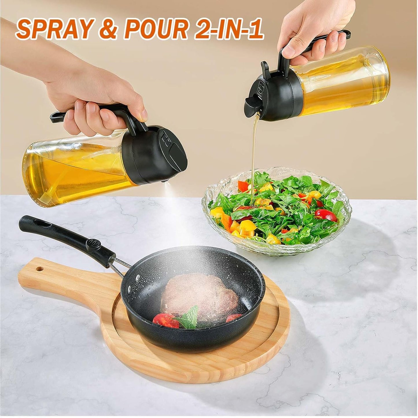 16Oz Oil Sprayer for Cooking - 2 in 1 Spray & Pour Olive Oil Dispenser - 470Ml Glass Spray Oil Bottle - Kitchen Gadgets