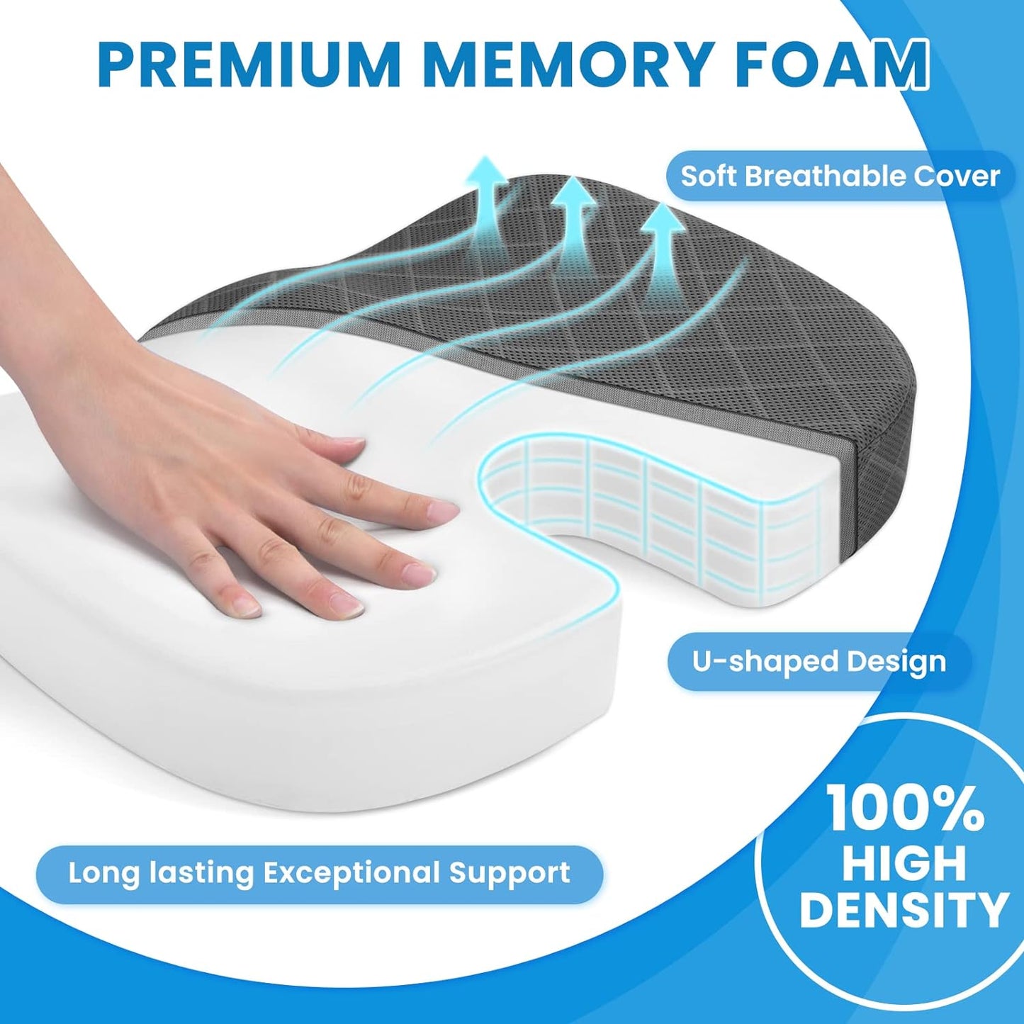 Seat Cushion - Memory Foam Cushion for Office Chair, Car Seat, Airplane, Bleacher - Sciatica & Hip & Coccyx Pain Relief Desk Chair Cushion for Long Sitting Office Workers, Car Drivers