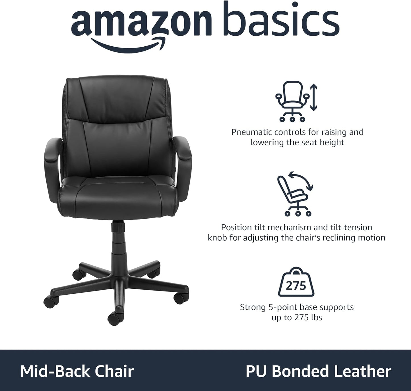 Office Computer Task Desk Chair with Padded Armrests, Mid-Back, Adjustable, 360 Swivel, Rolling, 275 Pound Capacity, BIFMA Certified, 24.2"D X 24"W X 34.8"H, Black Faux Leather