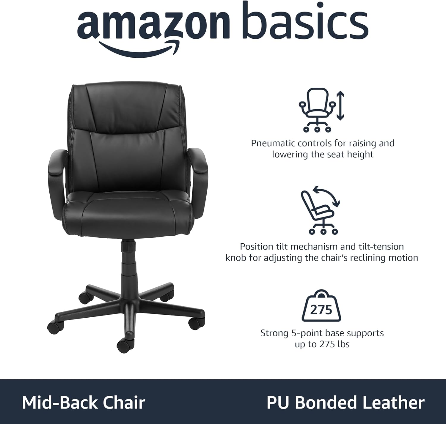 Office Computer Task Desk Chair with Padded Armrests, Mid-Back, Adjustable, 360 Swivel, Rolling, 275 Pound Capacity, BIFMA Certified, 24.2"D X 24"W X 34.8"H, Black Faux Leather