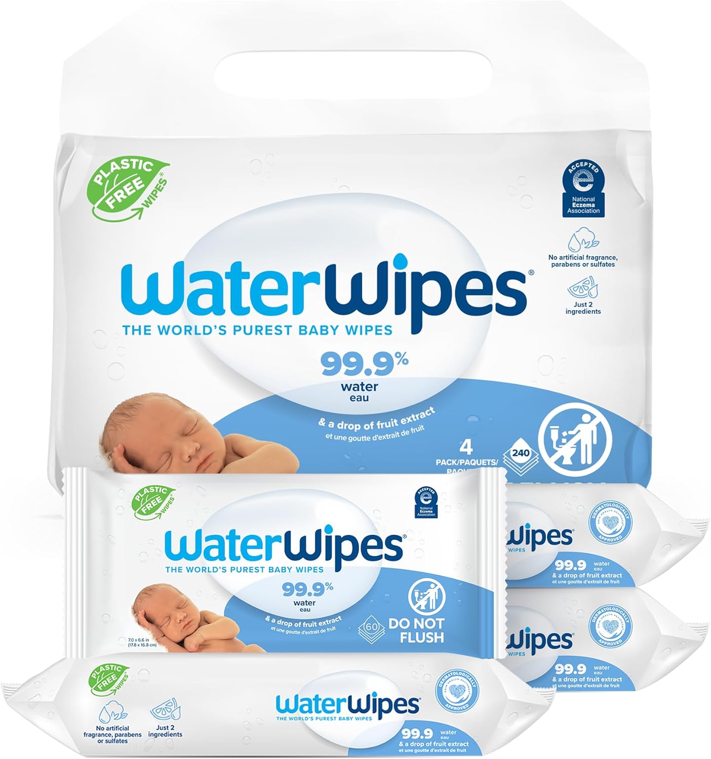 Plastic-Free Original-Baby Wipes, 99.9% Water Based Wipes, Unscented & Hypoallergenic for Sensitive Skin, 240 Count (4 Packs), Packaging May Vary