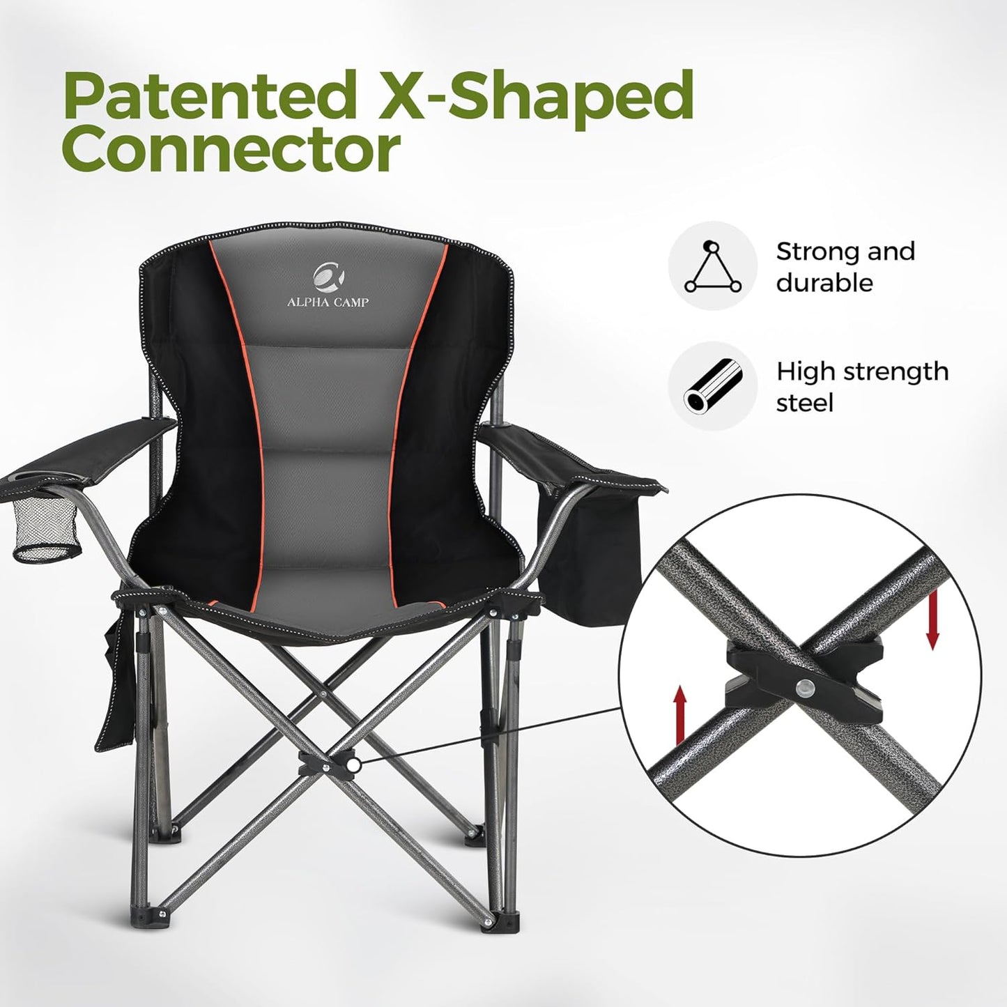 Oversized Camping Folding Chair, Heavy Duty Support 450 LBS Steel Frame Collapsible Padded Arm Chair with Cup Holder Quad Lumbar Back, Portable for Outdoor