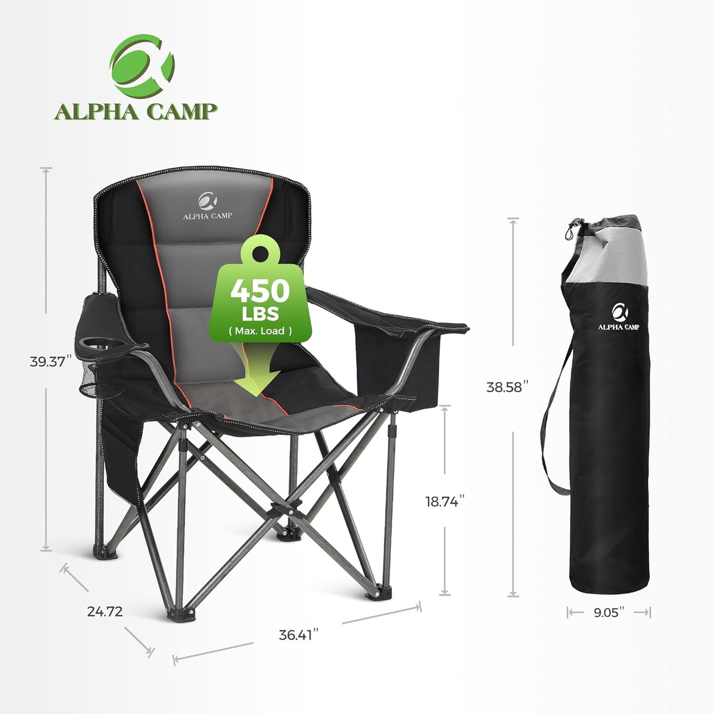 Oversized Camping Folding Chair, Heavy Duty Support 450 LBS Steel Frame Collapsible Padded Arm Chair with Cup Holder Quad Lumbar Back, Portable for Outdoor