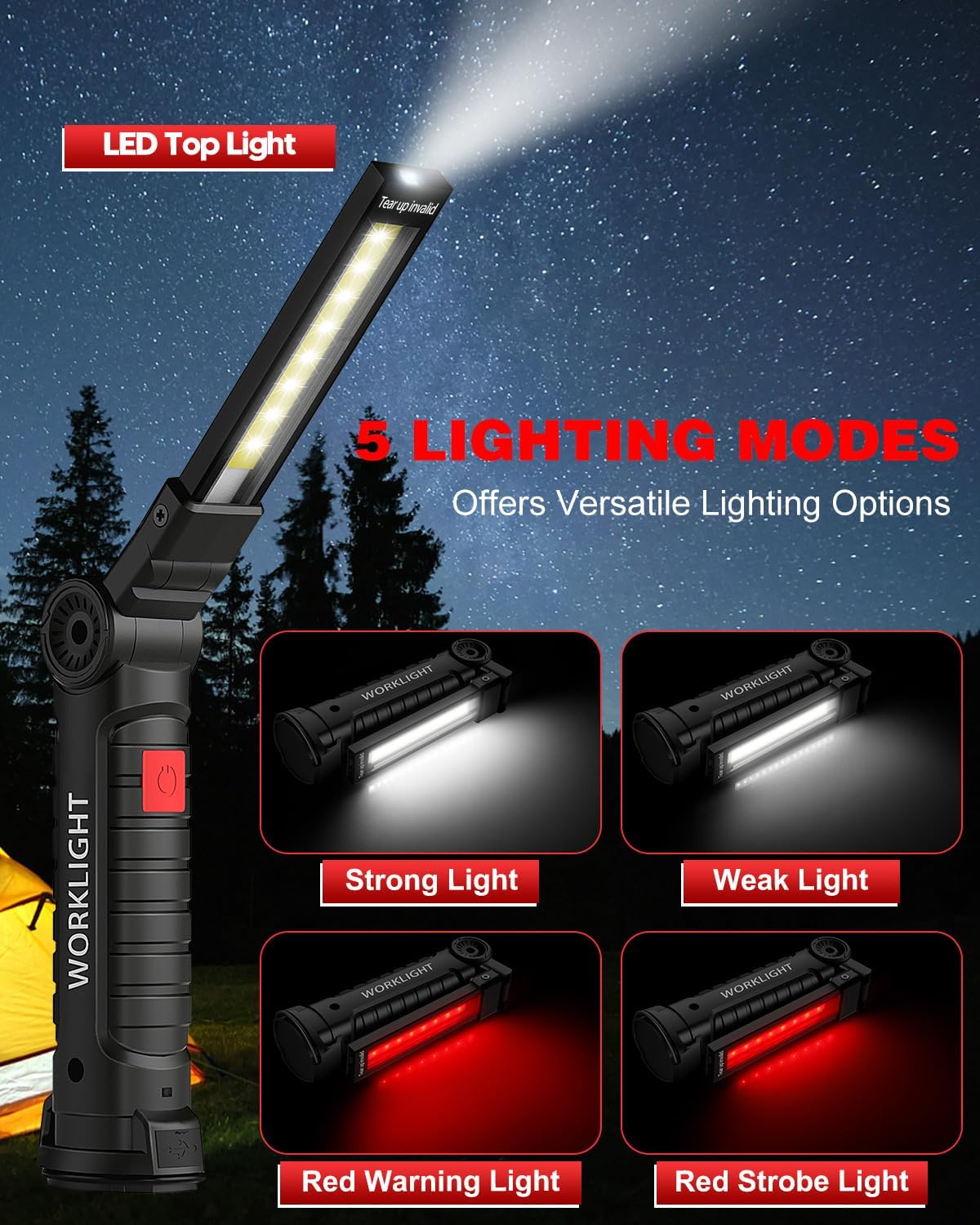 Tool Gifts for Men, Rechargeable LED Work Light Grill Light with Magnetic Base 5 Modes 360° Rotate (2Pack Black)