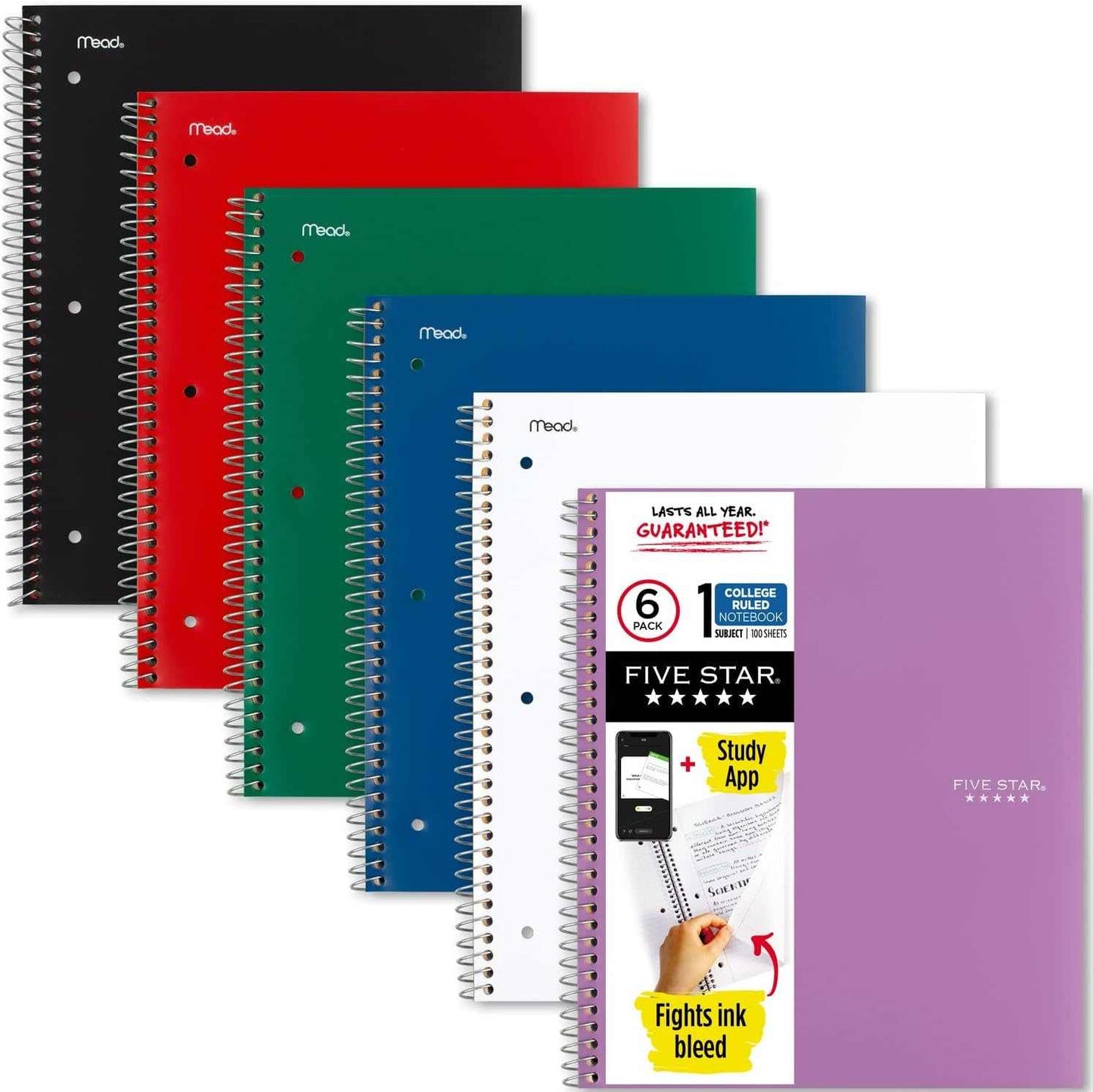 Spiral Notebook Study App 6 Pack College Ruled 8.5 x 11 inches