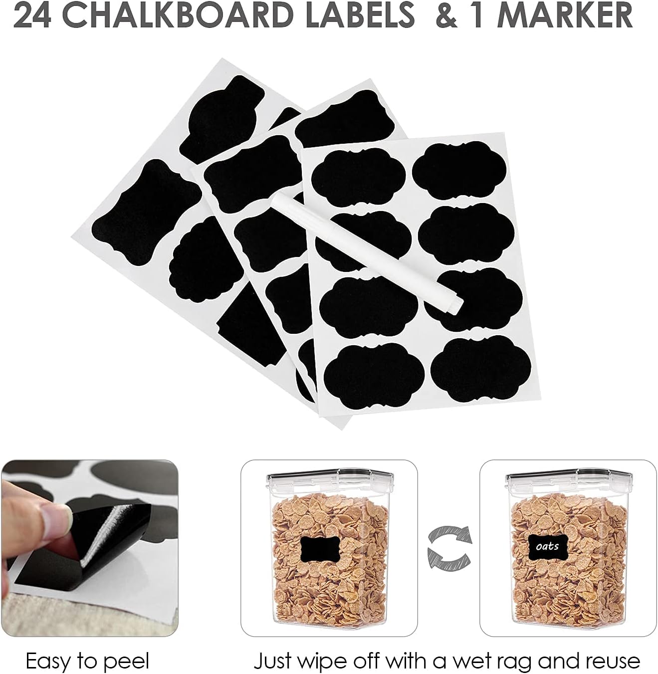 Airtight Food Storage Containers with Lids,  24 Pcs Plastic Kitchen and Pantry Organization Canisters for Cereal, Dry Food, Flour and Sugar, BPA Free, Includes 24 Labels,Black