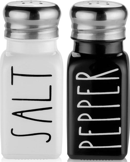 Salt and Pepper Shakers Set by  - Cute Modern Farmhouse Kitchen Decor for Home Restaurants Wedding - Gorgeous Vintage Glass Black White Shaker Sets with Stainless Steel Lids
