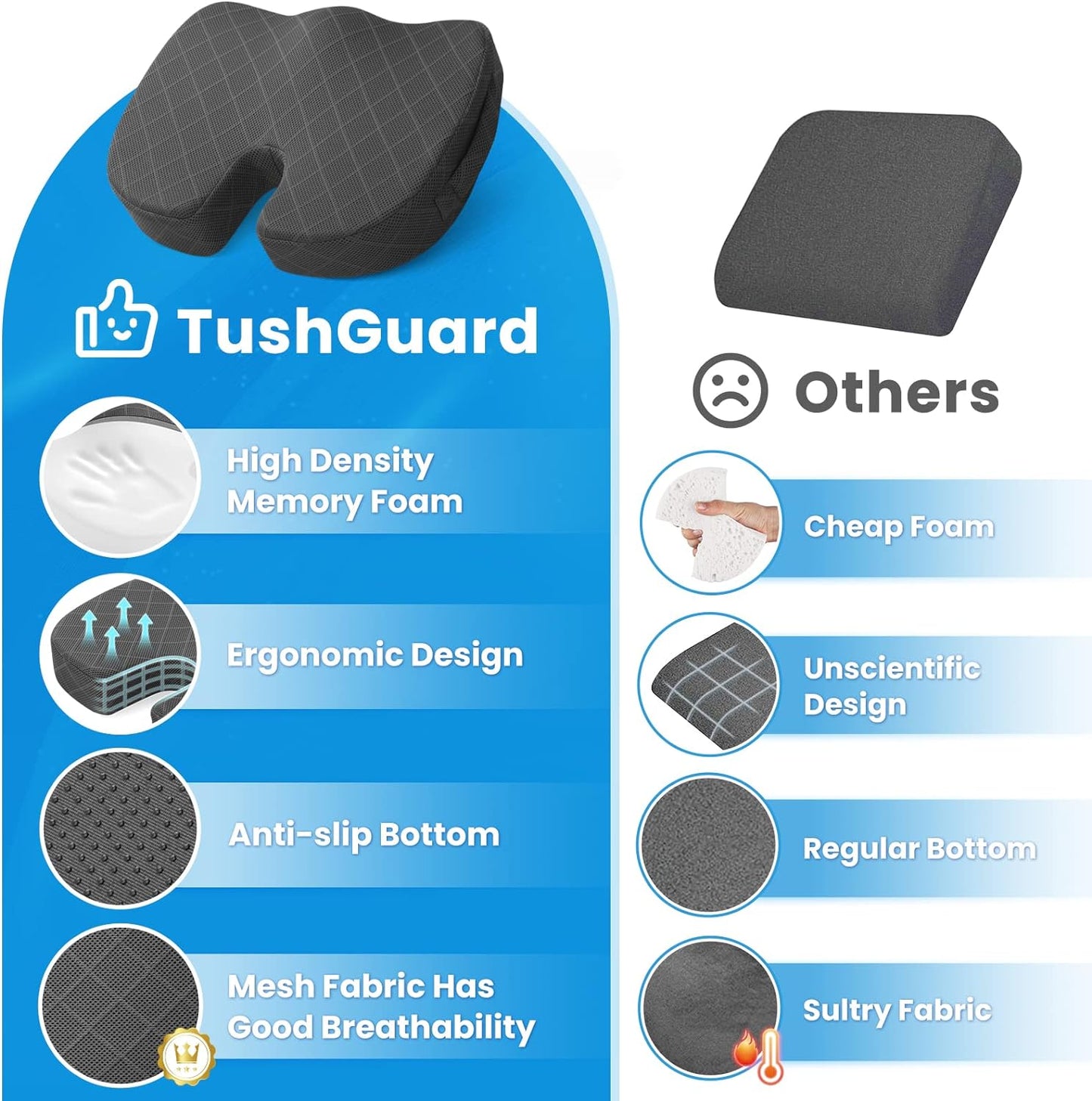 Seat Cushion - Memory Foam Cushion for Office Chair, Car Seat, Airplane, Bleacher - Sciatica & Hip & Coccyx Pain Relief Desk Chair Cushion for Long Sitting Office Workers, Car Drivers
