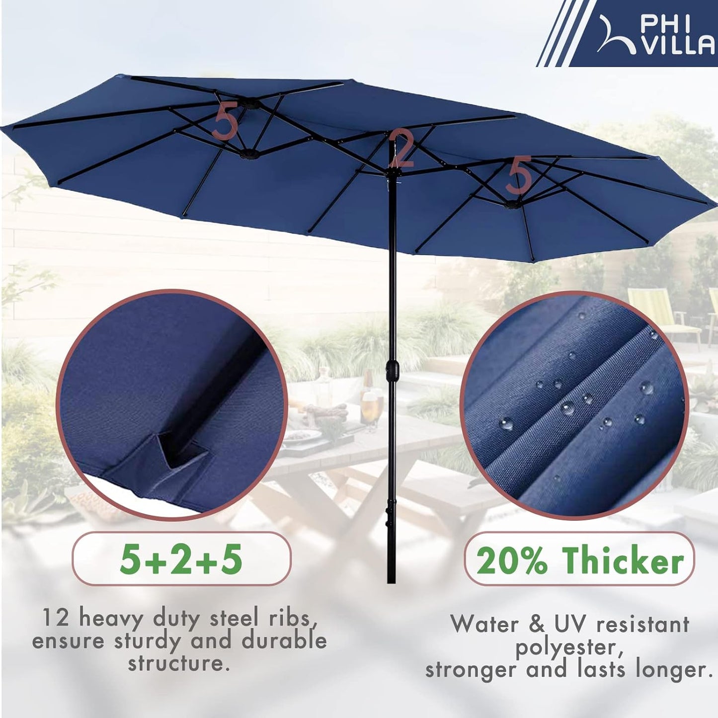 7 Piece Outdoor Dining Set with Umbrella, 60” Rectangular Metal Dining Table & 6 Cushioned Rattan Wicker Chairs & 13Ft Large Blue Umbrella for Patio, Deck, Yard, Porch