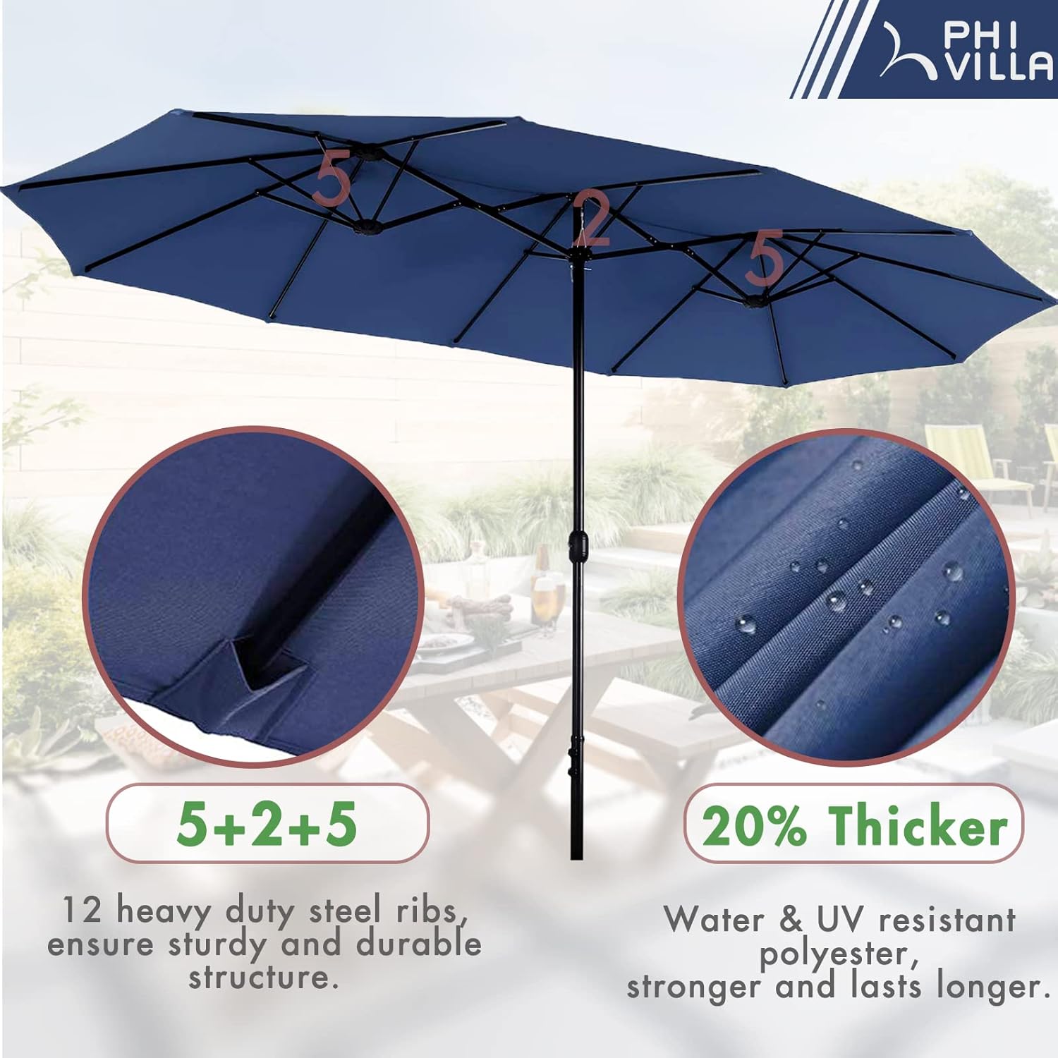 7 Piece Outdoor Dining Set with Umbrella, 60” Rectangular Metal Dining Table & 6 Cushioned Rattan Wicker Chairs & 13Ft Large Blue Umbrella for Patio, Deck, Yard, Porch