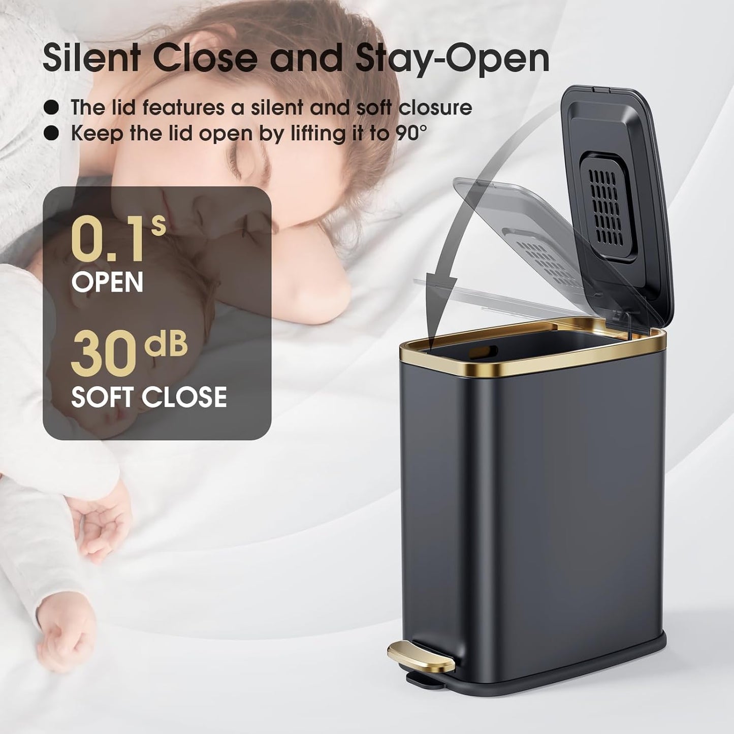 Small Bathroom Trash Can with Lid Soft Close-5L/1.3 Gal Slim Garbage Can-Metal Step Wastebasket-Rectangle Narrow Waste Bin for Office, Bedroom, Toilet, Live Room-Black
