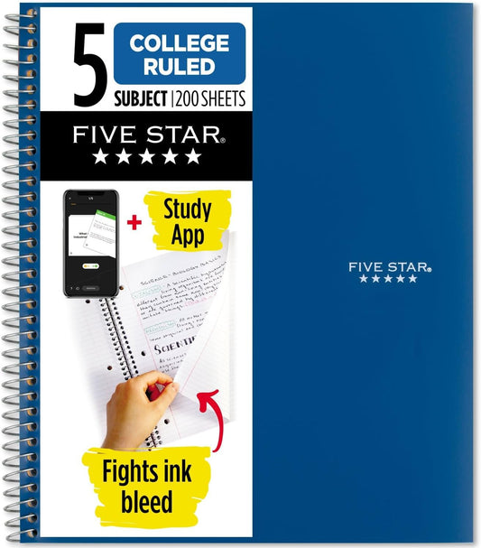 Spiral Notebook + Study App, 5 Subject, College Ruled Paper, Fights Ink Bleed, Water Resistant Cover, 8-1/2" X 11", 200 Sheets, Blue (73635)