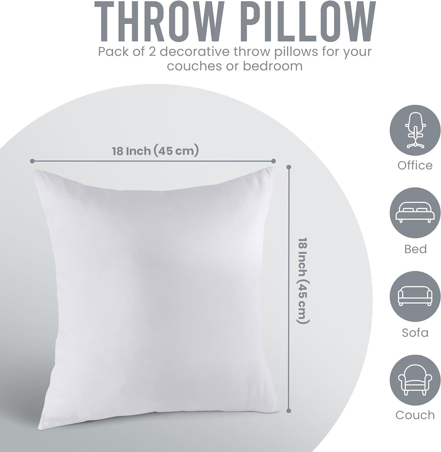 Throw Pillows Insert (Pack of 2, White) - 18 X 18 Inches Bed and Couch Pillows - Indoor Decorative Pillows