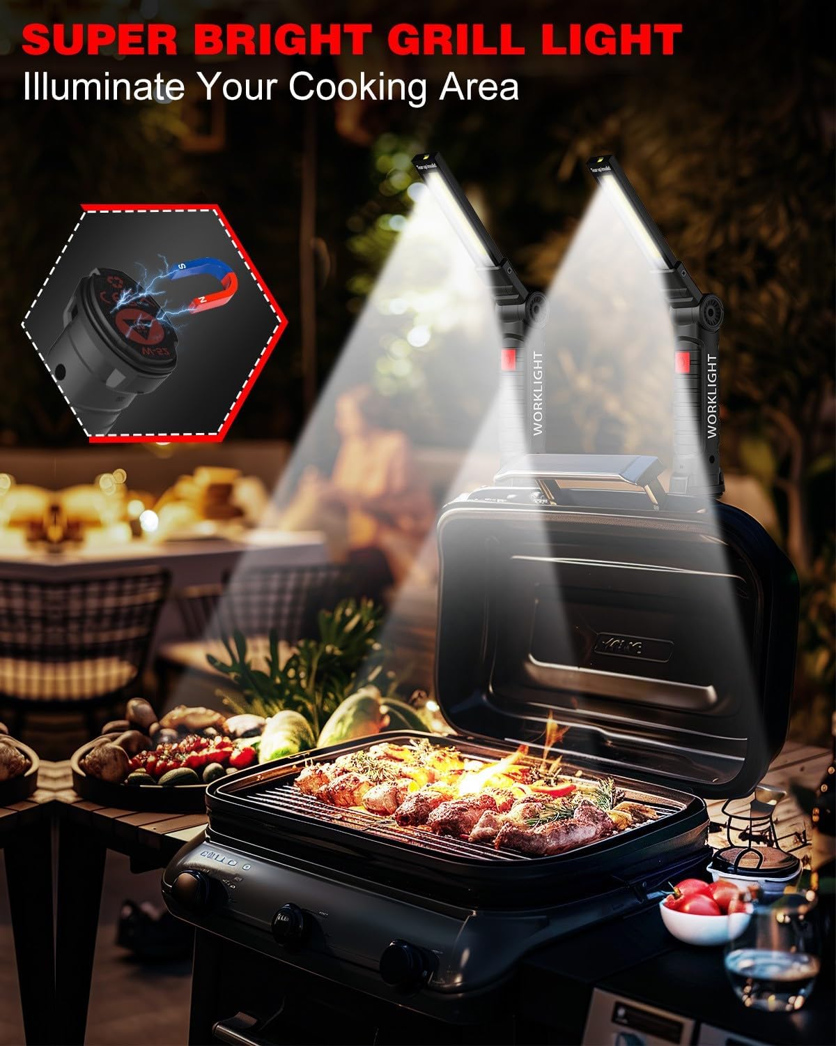 Tool Gifts for Men, Rechargeable LED Work Light Grill Light with Magnetic Base 5 Modes 360° Rotate (2Pack Black)