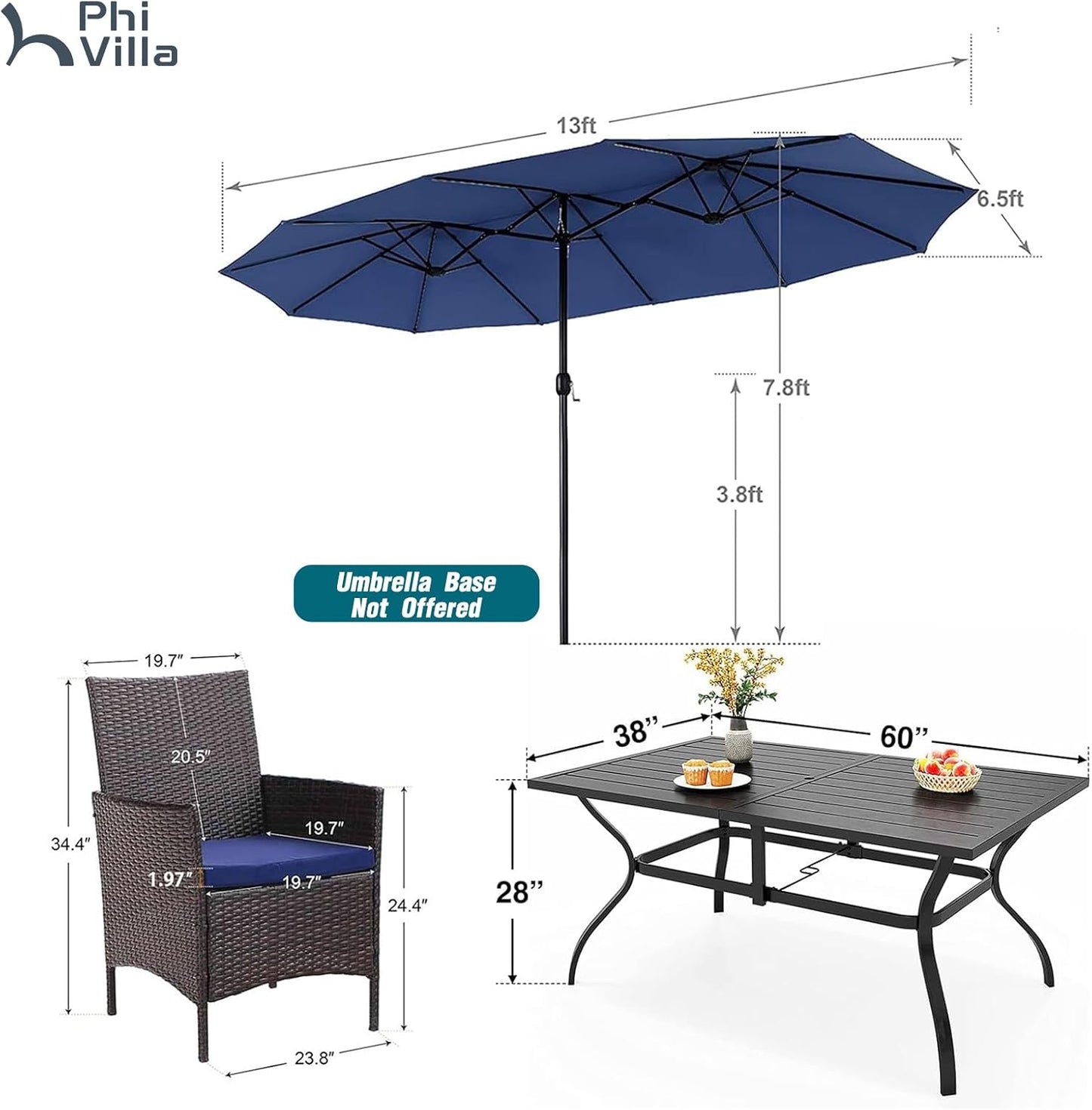 7 Piece Outdoor Dining Set with Umbrella, 60” Rectangular Metal Dining Table & 6 Cushioned Rattan Wicker Chairs & 13Ft Large Blue Umbrella for Patio, Deck, Yard, Porch