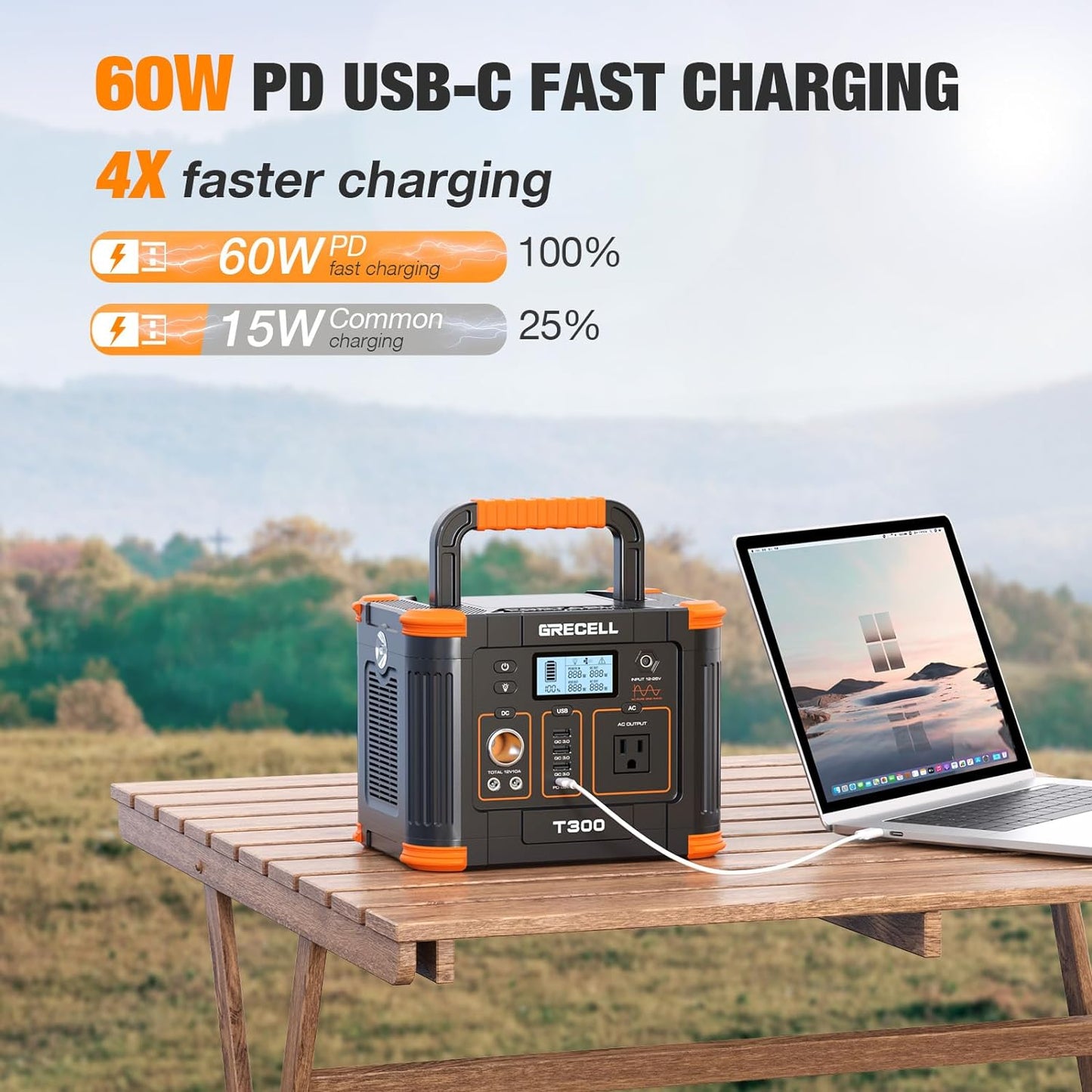 Portable Power Station 300W (Peak 600W), 288Wh Solar Generator with 60W USB-C PD Output, 110V Pure Sine Wave AC Outlet Backup Lithium Battery for Outdoors Camping Travel Hunting Home Blackout