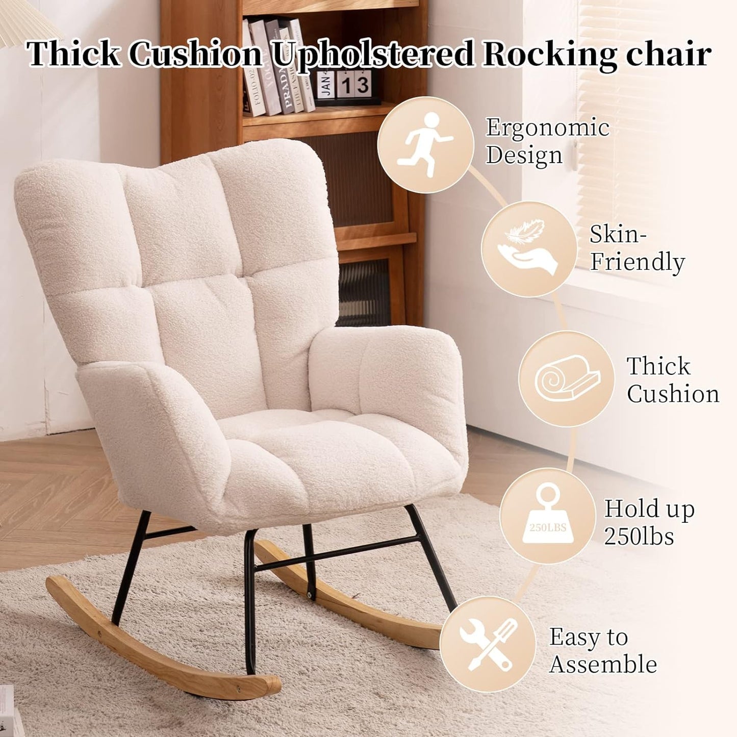 Nursery Rocking Chair Teddy Upholstered Glider Rocker Rocking Accent Chair Padded Seat with High Backrest Armchair Comfy Side Chair for Living Room Bedroom Offices (Ivory Teddy)