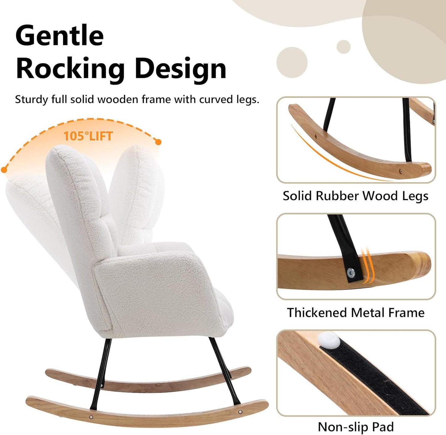 Nursery Rocking Chair Teddy Upholstered Glider Rocker Rocking Accent Chair Padded Seat with High Backrest Armchair Comfy Side Chair for Living Room Bedroom Offices (Ivory Teddy)