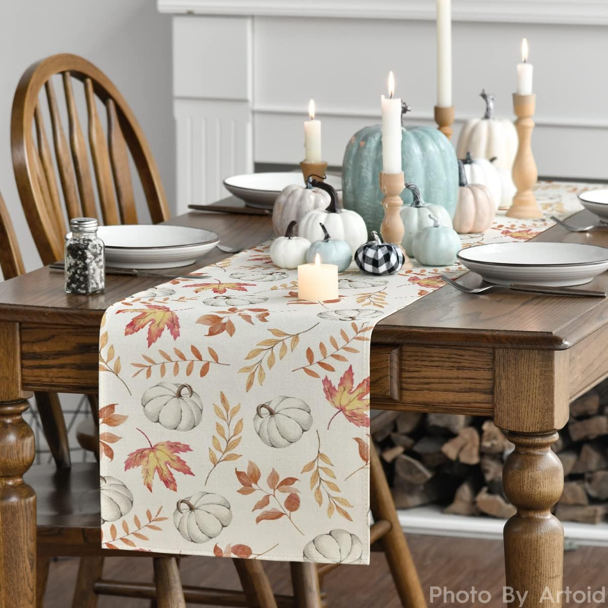 Orange Pumpkins Fall Maple Leaves Fall Table Runner, Seasonal Autumn Kitchen Dining Table Decoration for Home Party Decor 13X72 Inch