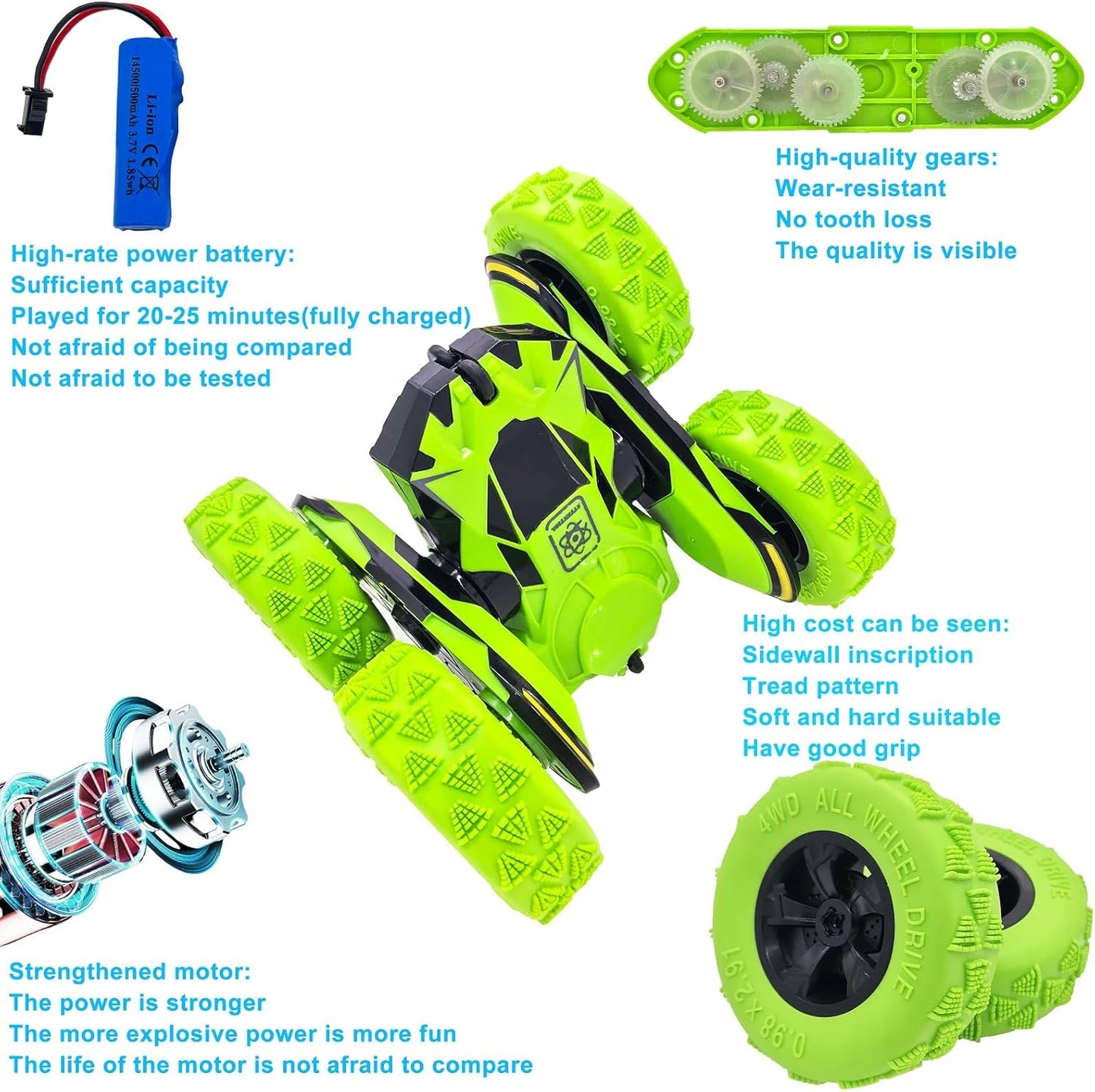RC Stunt Cars Remote Control Car Double-Sided Driving 360-Degree Flips Rotating Car Toy, Green