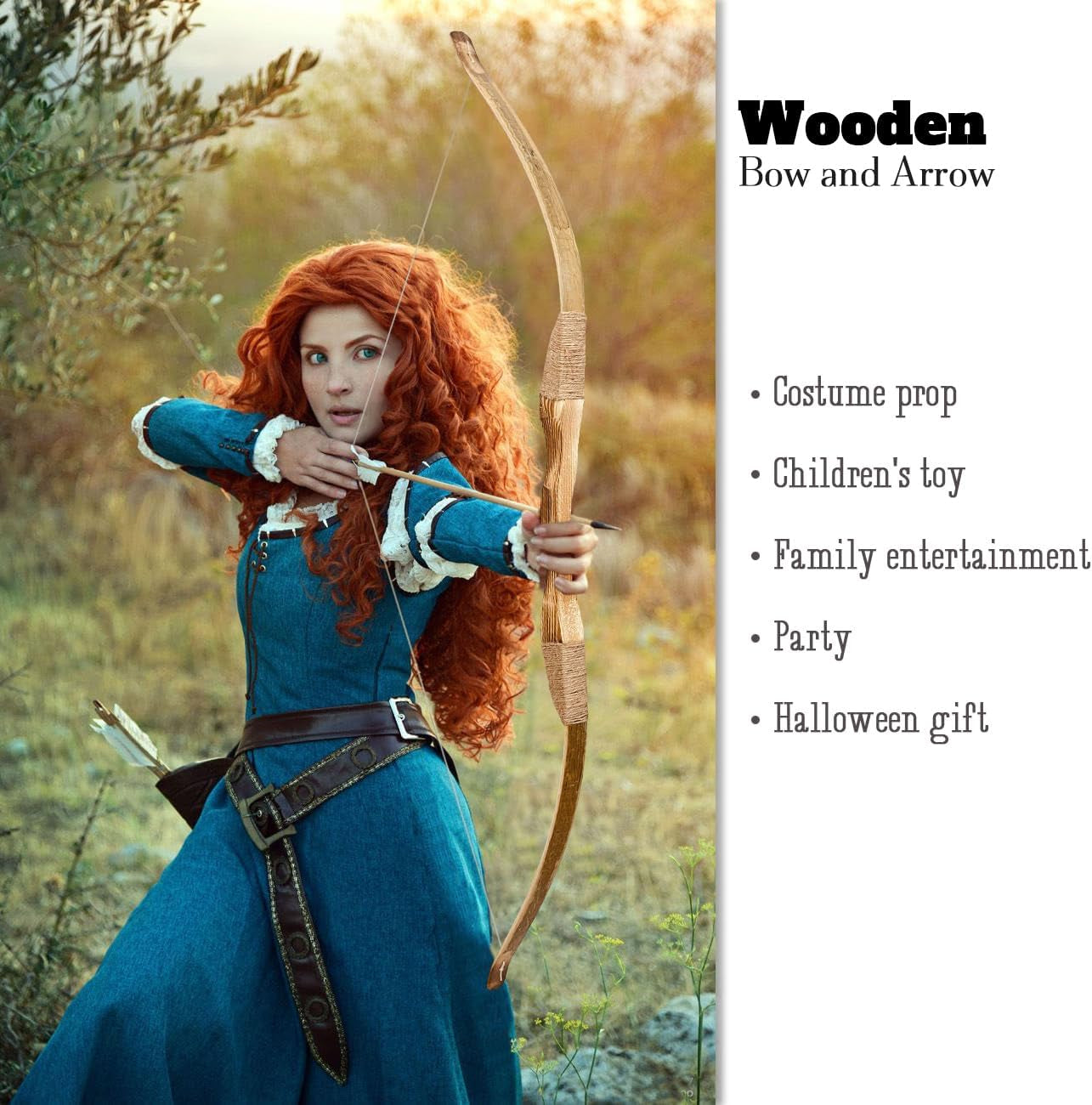 Youth Wooden Bow and Arrow Set, 40 Inch Handmade Wooden Bow and Arrow Cosplay Costume Prop Archery Set Games Toys, 1 Bows 1 Quivers and 3 Feather Arrows, Gifts for Kids Youth Boys and Girl