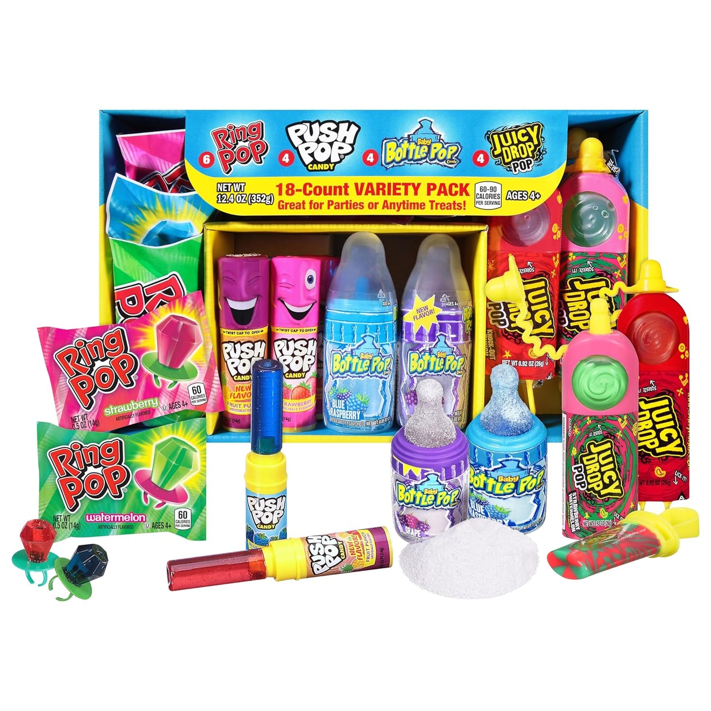 Candy Variety Pack - 18 Count Assorted Lollipops - Ring Pop, Push Pop, Baby Bottle Pop & Juicy Drop - Ideal for Birthdays, Party Favors, Celebrations & Candy Gifts by