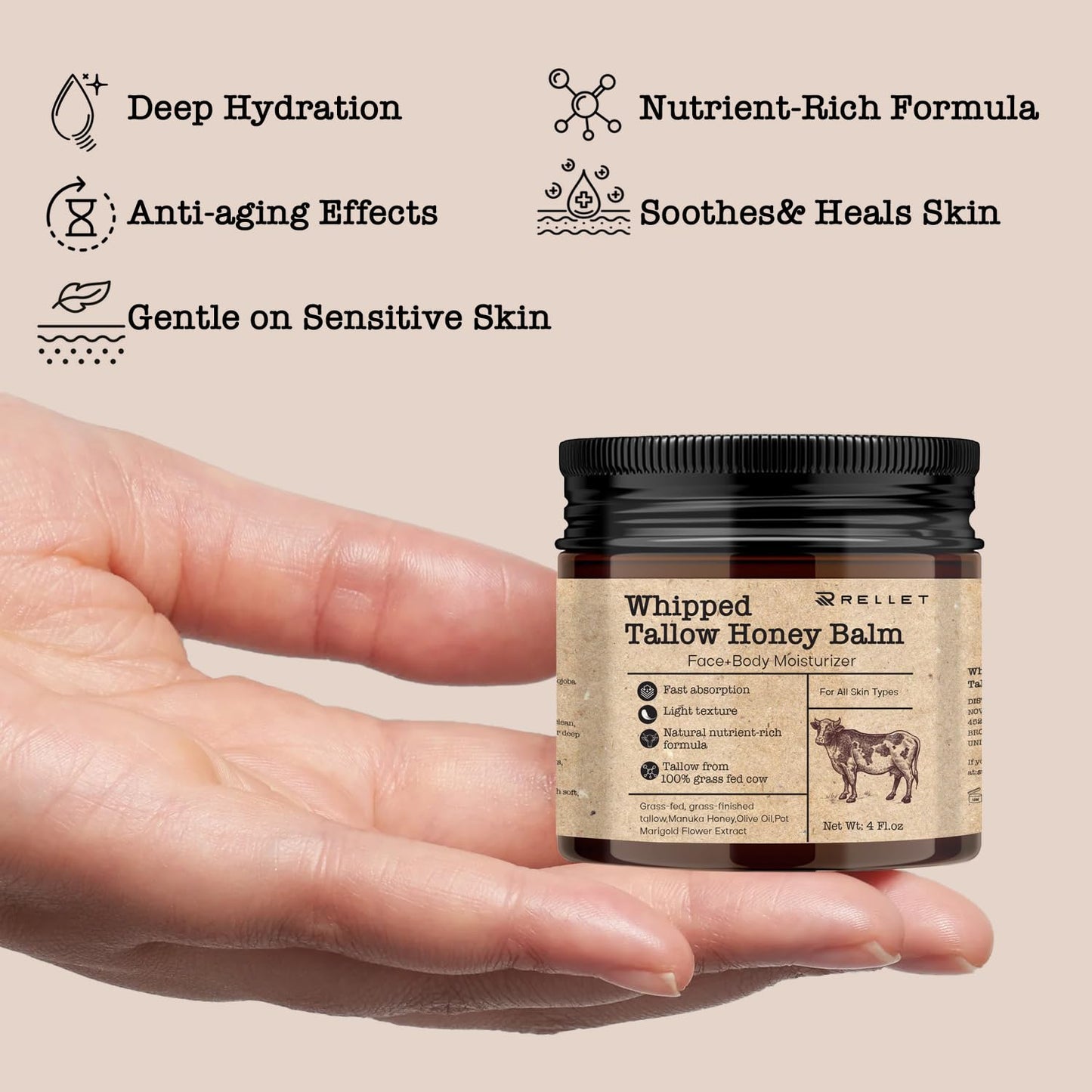 Beef Tallow and Honey Balm for Skin : Grass Fed Whipped Beef Tallow with Honey Face Body Moisturizer 4Oz - Organic Unscented Fast Absorption Tallow Cream Infused with Manuka Honey Beeswax Olive Oil